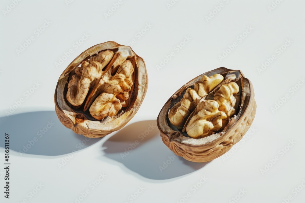 Two halves of walnuts on a clean white background. Perfect for food or nutrition-related designs Two halves of walnuts on a clean white background. Perfect for food or nutrition-related designs