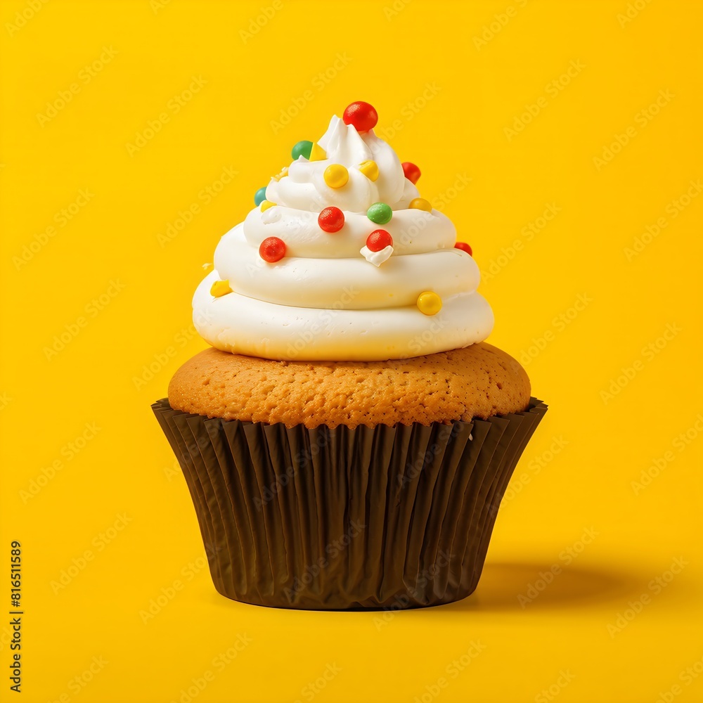 cupcake with swirls of creamy butter cream against a sunflower yellow background cupcake with swirls of creamy butter cream against a sunflower yellow background