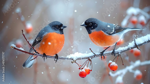 Two bright birds perched on snow-covered branch of red plum  pine forest  pine trees 