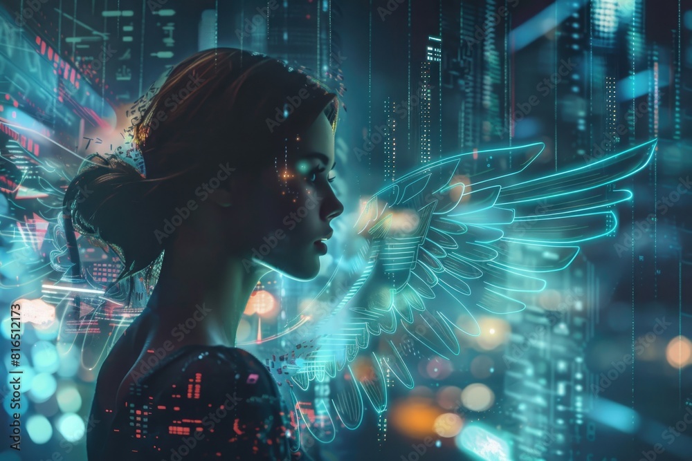 A woman with wings standing in front of a city at night. Suitable for fantasy or urban themes A woman with wings standing in front of a city at night. Suitable for fantasy or urban themes