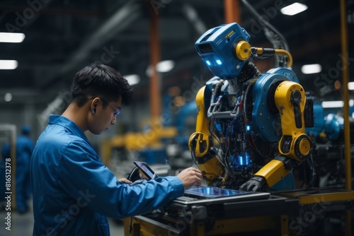 technician checking and repairing controller robot using digital tablet in factory