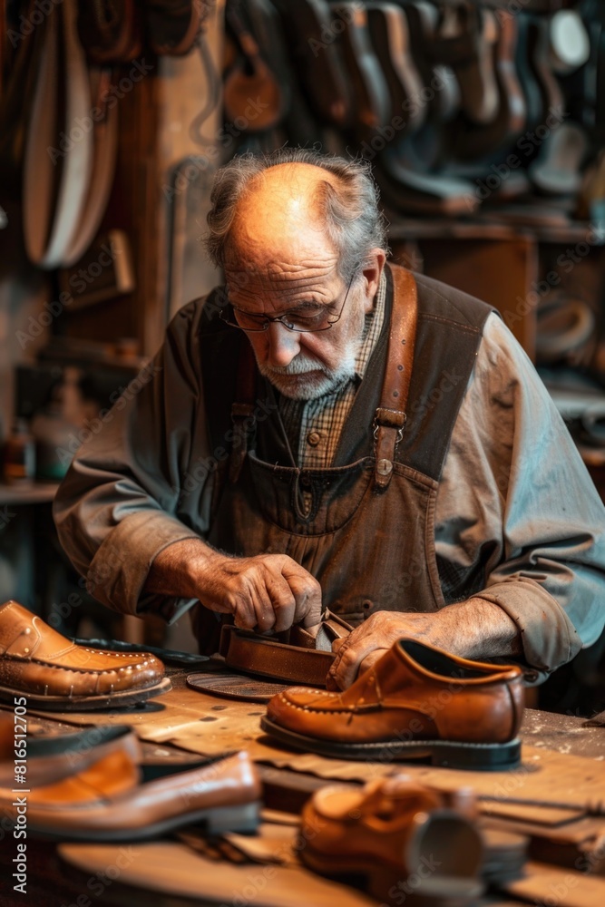 An elderly man repairing a shoe in a shoe shop. Ideal for showcasing craftsmanship An elderly man repairing a shoe in a shoe shop. Ideal for showcasing craftsmanship
