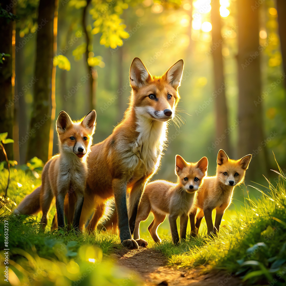 A fox family frolicking in a sun-dappled glade, their playful antics echoing through the forest