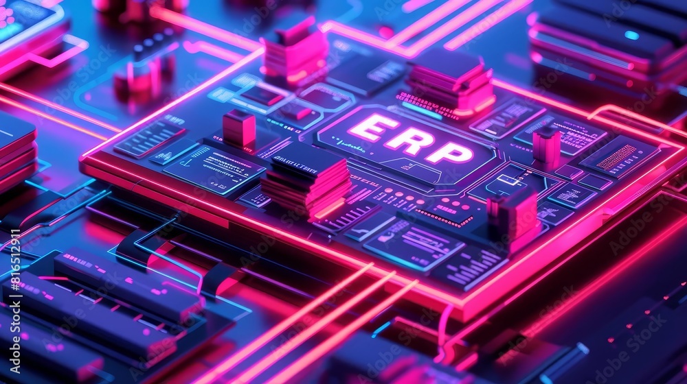 Resource management, front view, strategic planning within an ERP system, cybernetic tone, Tetradic color scheme Resource management, front view, strategic planning within an ERP system, cybernetic tone, Tetradic color scheme