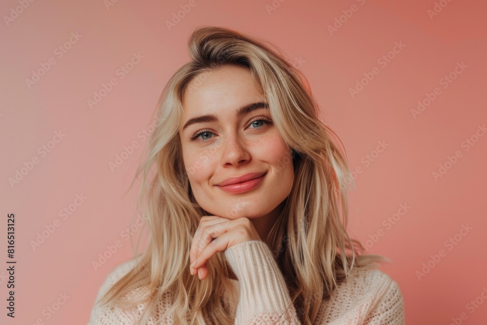 A woman with blonde hair wearing a cozy sweater. Perfect for fashion blogs or winter clothing advertisements A woman with blonde hair wearing a cozy sweater. Perfect for fashion blogs or winter clothing advertisements
