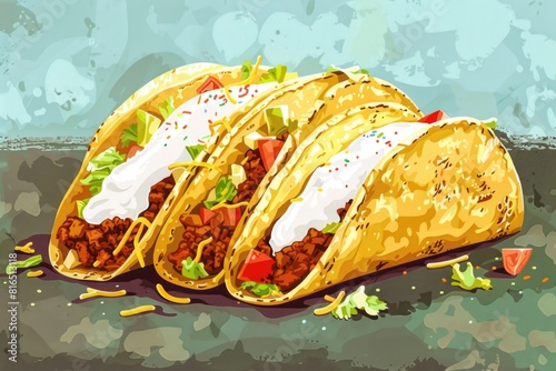 Three delicious tacos displayed on a table, perfect for food and restaurant themes photo