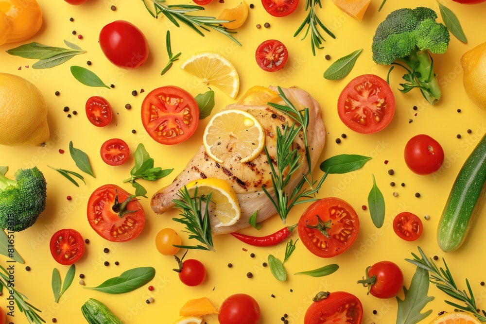 Fresh fruits and vegetables displayed on a vibrant yellow background. Ideal for healthy eating or grocery concepts Fresh fruits and vegetables displayed on a vibrant yellow background. Ideal for healthy eating or grocery concepts