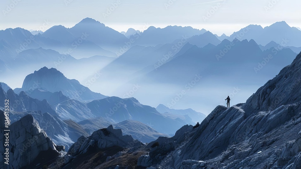 Obraz premium A hiker's silhouette standing triumphantly on a mountain peak, capturing the thrill of achievement and adventure, The images are of high quality and clarity
