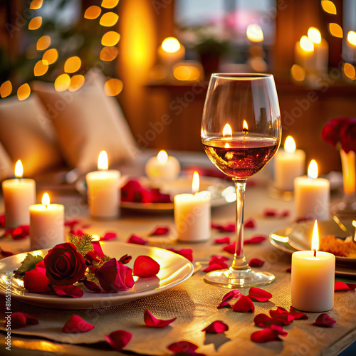 A cozy dinner setting with flickering candles  rose petals scattered on the tablecloth  and an empty wine glass waiting to be filled.