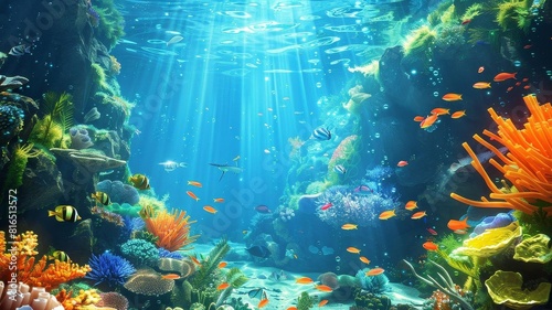 An imaginative drawing of an underwater scene filled with colorful coral reefs and a variety of marine life  The images are of high quality and clarity