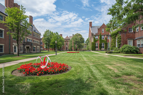 College setting with a Memorial Day wreath and academic-themed ribbons. photo