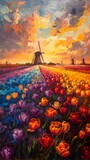 Vibrant Rainbow Tulip Field with Windmills in Countryside Landscape Inspired by Dutch Golden Age Painting Style