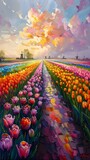 Vibrant Tulip Field with Windmills in a Captivating Dutch Landscape