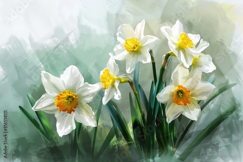 A beautiful painting of white and yellow flowers. Perfect for home decor or floral design projects © Fotograf