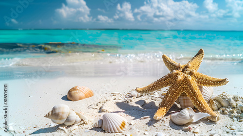 Starfish and seashells on the white sand beach with a blue sea background, in the style of a summer vacation concept banner for holidays or travel