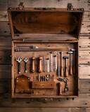 Vintage Toolbox Filled with Gleaming Tools on Rustic Wooden Surface