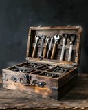 Vintage Toolbox with Gleaming Tools Neatly Arranged on Rustic Wooden Surface Showcasing Craftsmanship and Reliability
