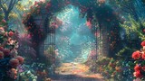 Whimsical Floral Garden Gate Revealing a Lush Springtime Fantasy Landscape