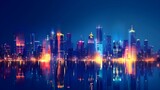 Cityscape on dark blue background with bright glowing neon. Technology city background