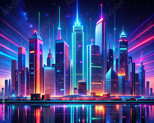 A digital artwork showcasing a city skyline at night  adorned with vibrant neon lights and abstract shapes  capturing the essence of a futuristic urban landscape.