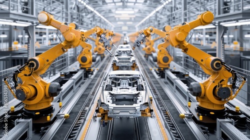 Car production line with robot arms in a car factory, photo of a modern automotive plant using robotic arms to build cars on the assembly lines, Front View