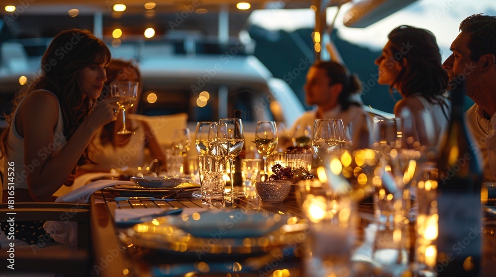 A group of individuals sitting together around a table on a boat, enjoying a meal or conversation A group of individuals sitting together around a table on a boat, enjoying a meal or conversation