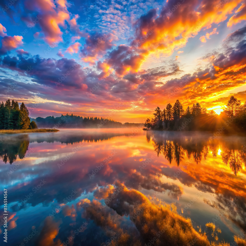 A dramatic sunrise over a mist-covered lake, with colorful reflections on the water's surface, creating a breathtaking spectacle.
