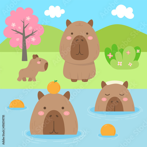 cute sweet hand drawn capybara chilling in the hot spring illustration