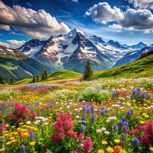 A breathtaking vista of an alpine meadow  carpeted with a kaleidoscope of blooming wildflowers  against the backdrop of snow-capped peaks
