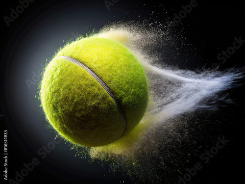 A focused image capturing a tennis ball suspended in the air after being hit by a powerful backhand stroke, highlighting the speed and intensity of the game. photo