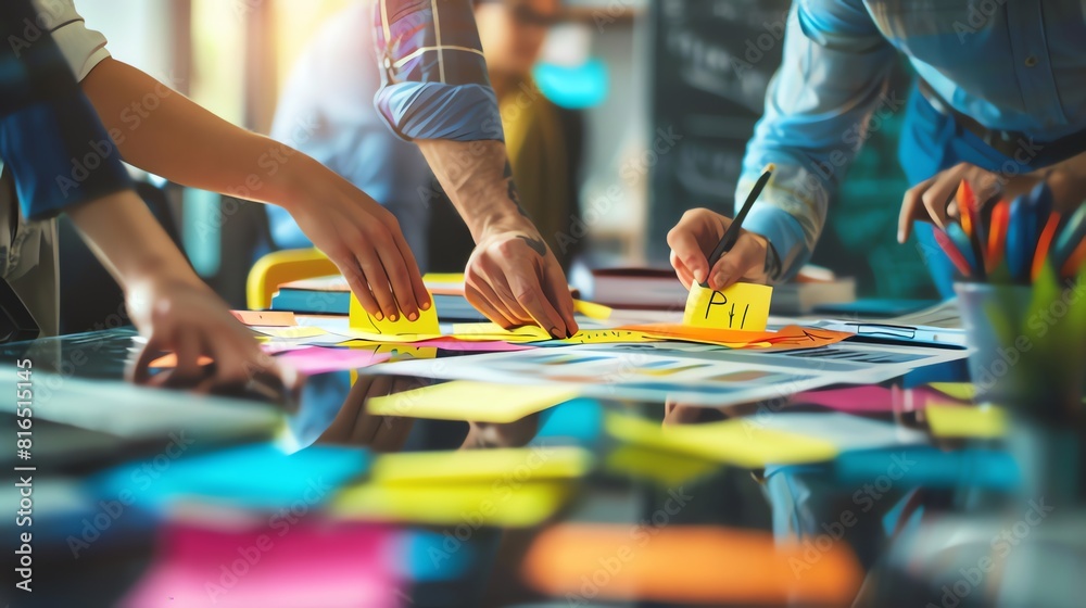 Obraz premium Business people meeting at office writing memos on sticky notes. planning strategy and brainstorming, colleagues thinking concept 
