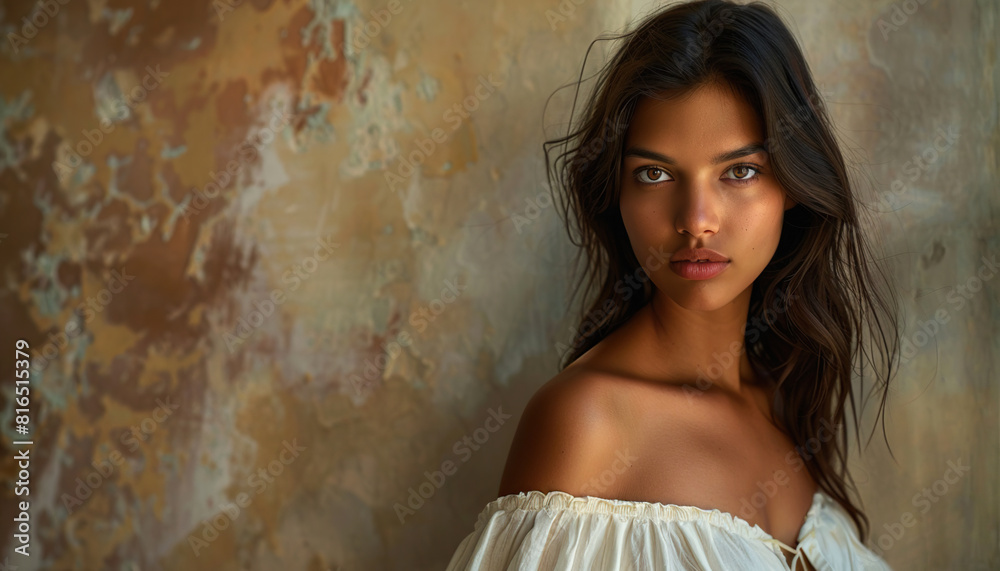 Fototapeta premium A beautiful young black woman in a white dress, with a background of an old, weathered wall, with plenty of space for copy