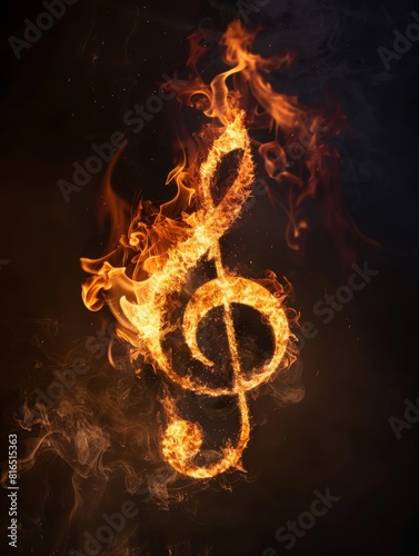 Clef made of fire on black background. A musical symbol used to indicate which notes are represented by the lines and spaces on a musical staff