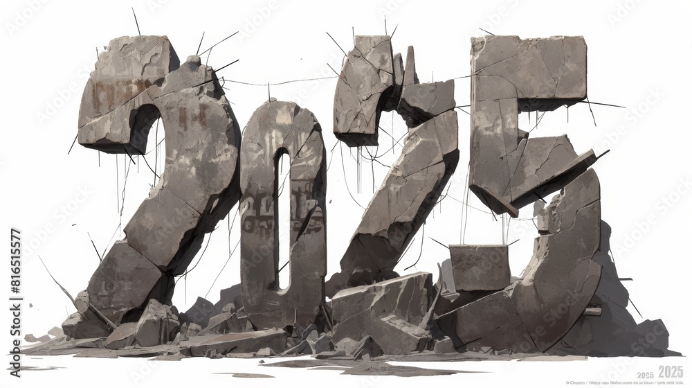 Cracked Concrete Textured 3D Numerals "2025" on Stark White Background