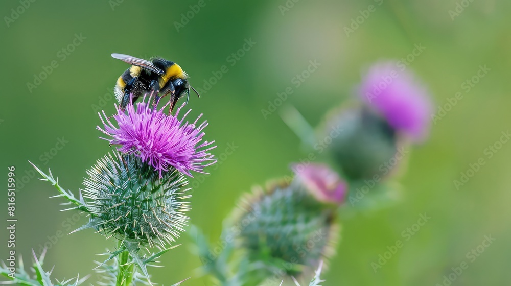 Quaint scene of a bumblebee alighting on a spiky thistle, with the simplicity of the plain green background accentuating the natural elegance of the moment. Quaint scene of a bumblebee alighting on a spiky thistle, with the simplicity of the plain green background accentuating the natural elegance of the moment.