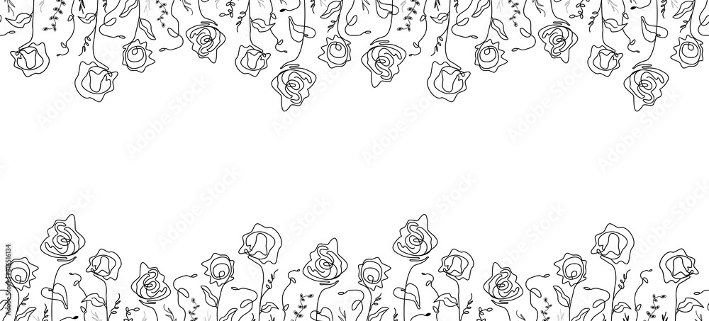 A seamless, modern pattern of abstract rose flowers. an artistic drawing in the one line style.  A hand-made floral design. for print, covers, wallpapers, minimalistic, natural art modern graphic png.