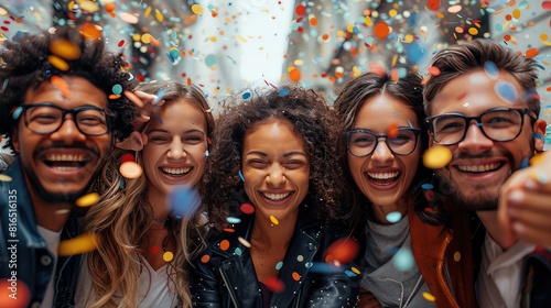 A happy diverse team of startup business people celebrate their business success amidst confetti