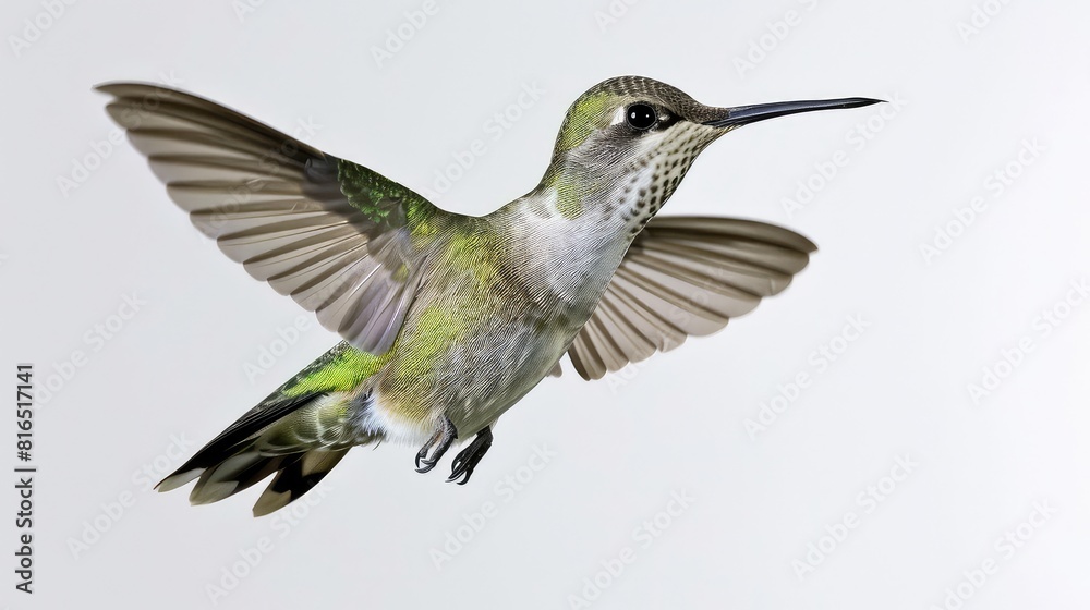 A mesmerizing photo showcasing the graceful movement and vibrant colors of a hummingbird in flight, beautifully contrasted against a bright white background. A mesmerizing photo showcasing the graceful movement and vibrant colors of a hummingbird in flight, beautifully contrasted against a bright white background.