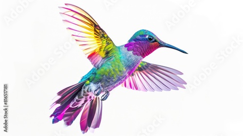 An engaging photo featuring the bright and iridescent plumage of a flying hummingbird against a pure white background  creating a captivating and visually striking image for various design purposes.