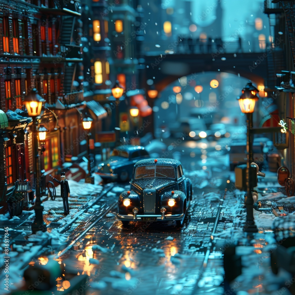 A retro car drives through a snowy city street at night A retro car drives through a snowy city street at night