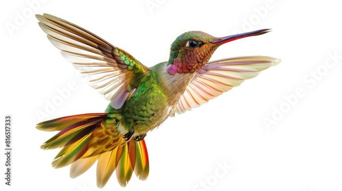 A captivating photo showcasing the vibrant hues and intricate patterns of a hummingbird s wings as it hovers gracefully against a pristine white background.