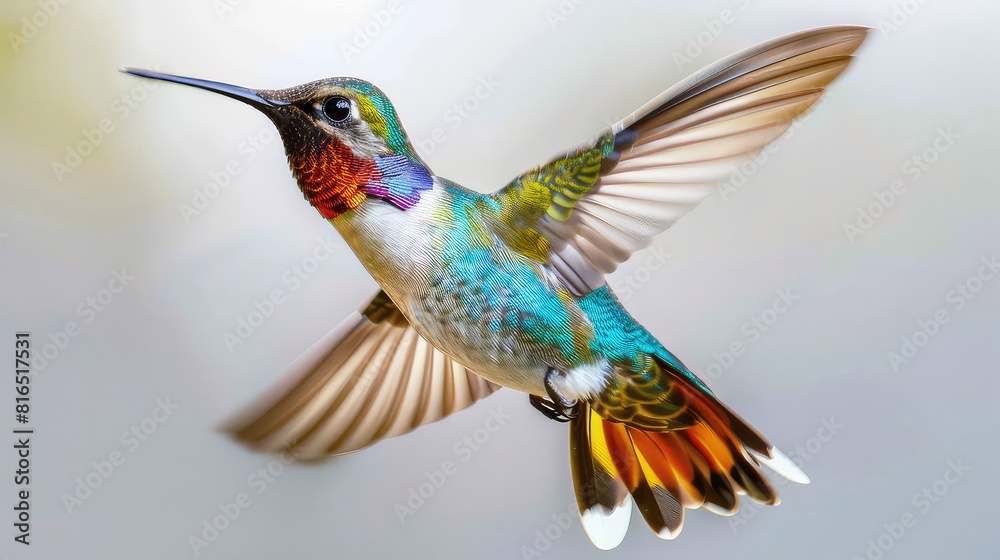 Fototapeta premium An enchanting photo capturing the vibrant colors and graceful flight of a bright, iridescent hummingbird against a clean white background, perfect for adding a touch of exotic beauty to any project. 