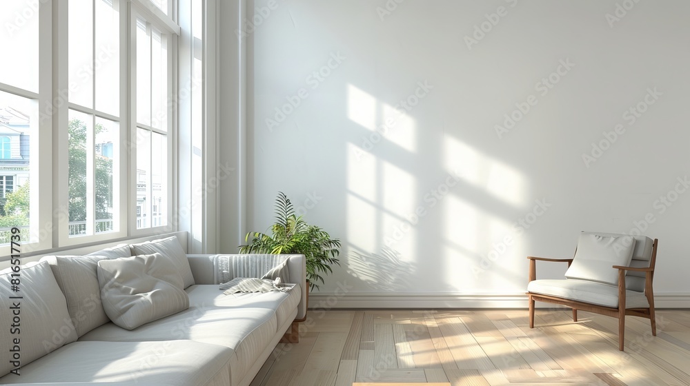 Fototapeta premium Modern living room with an empty couch and chair by the window. The room has white walls and plenty of natural light.