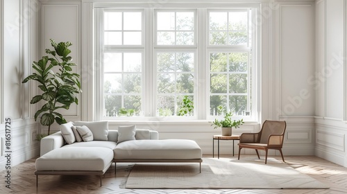 Modern living room with an empty couch and chair by the window. The room has white walls and plenty of natural light.