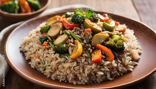 A plate of brown rice with stir-fried vegetables.  healthy food healthy living concept