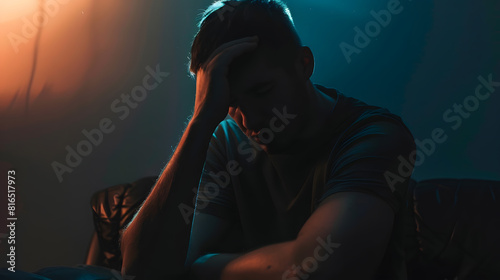 Serious sad man in dark Depressed anxious person suffer from trauma solitude or drug addiction Homeless outcast with shame after mistake Dramatic moody silhouette with melancholy grief : Generative AI