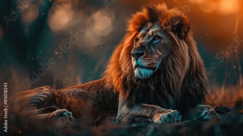 An inspiring image showcasing the majestic presence of a lion in its entirety  with its powerful stance and noble expression captured against a mesmerizing background.