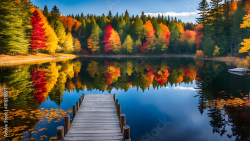 Mirrored fall splendor, serene lakeside scene