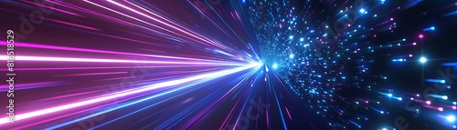 Blue purple light line through dark background, hyper speed warp in space 