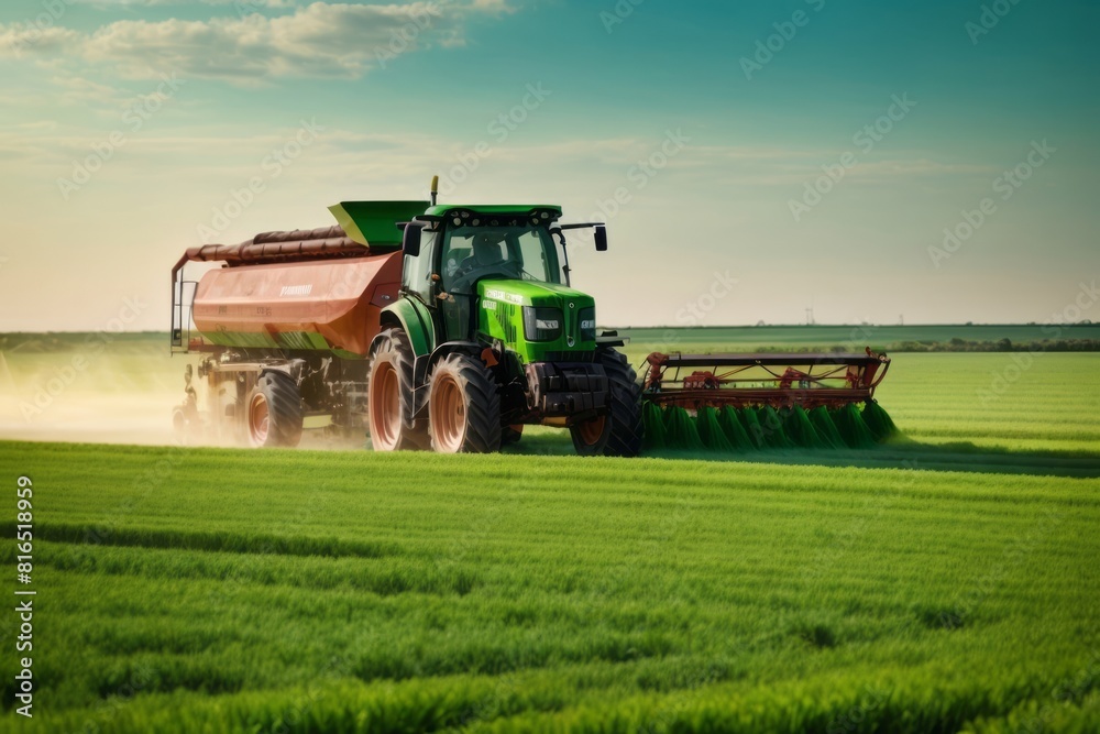 Tractor spreading and spraying potash fertilizer on green wheat field, agriculture, farming and harvesting concept Tractor spreading and spraying potash fertilizer on green wheat field, agriculture, farming and harvesting concept